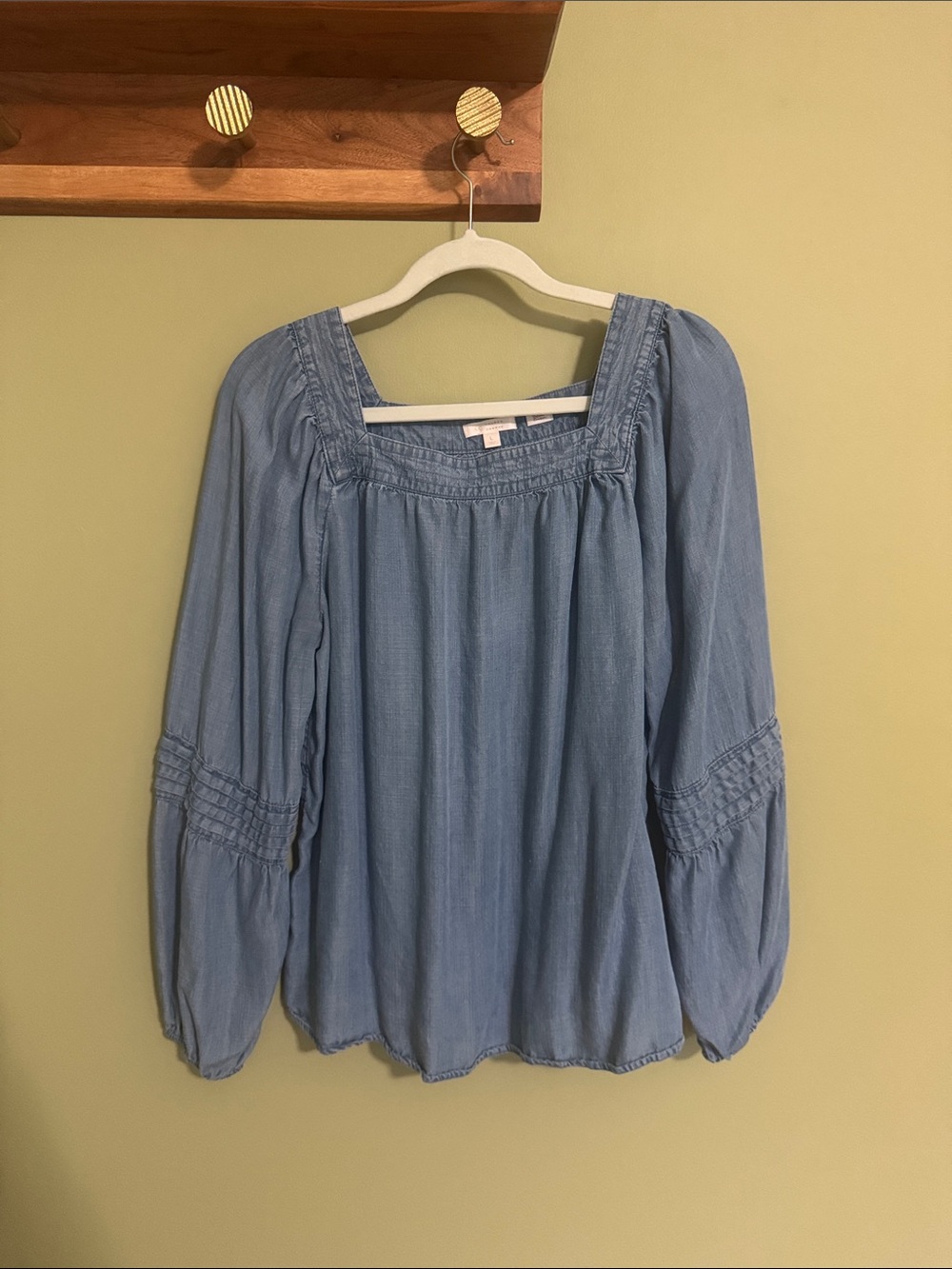 Light Blue Square Neck Chambray Peasant Blouse - Women's Long Sleeve Top